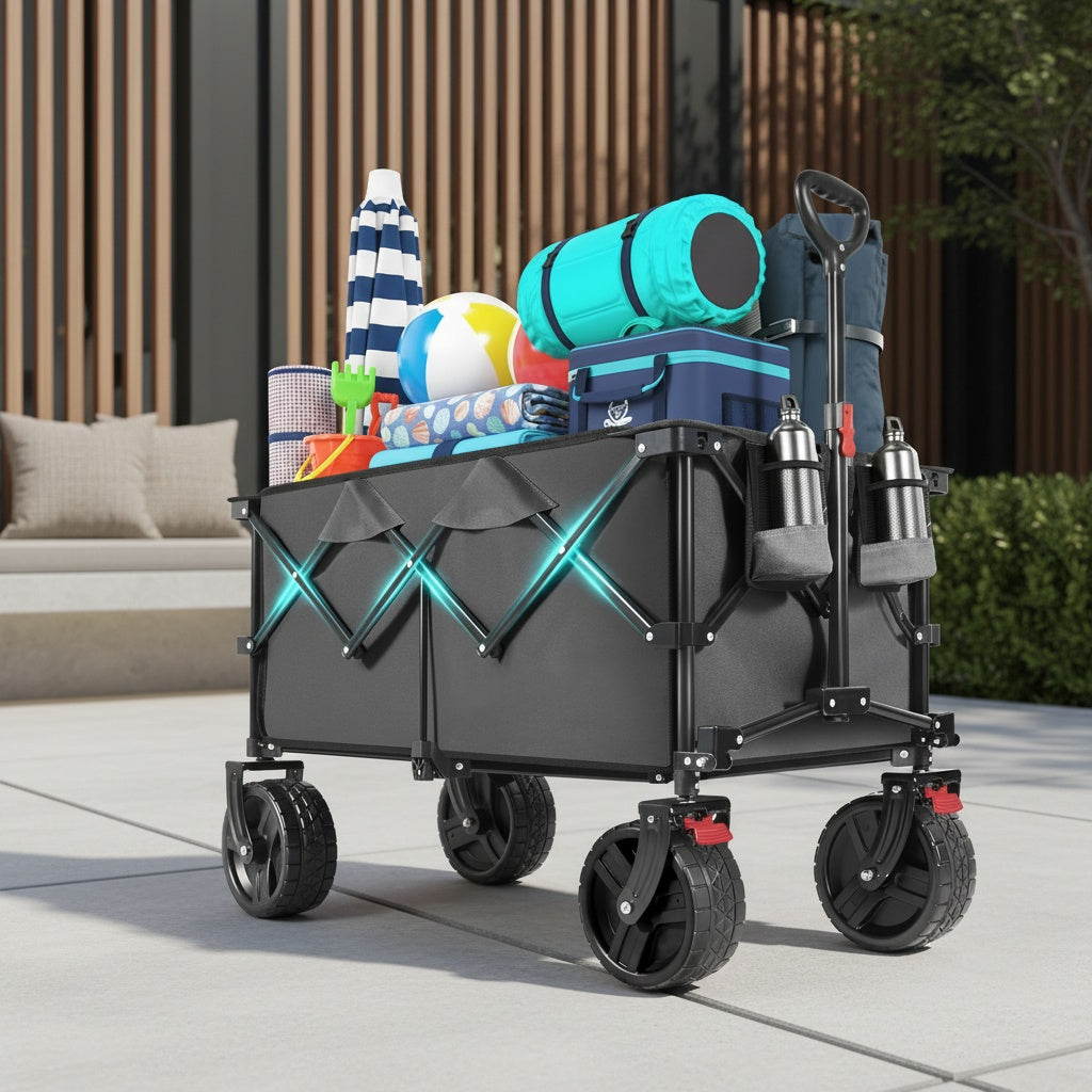 Chariot Pliant Tout-Terrain Robuste 200L/ Capacité 330kg, Roues PU 17x10cm avec Freins, Conception Pliable à 4 Voies Brevetée, Toile Durable Verte/ Bleu-Gris/ Noir/ Anthracite, GS- pour Chantiers/ Camping, Chariot de Transport Professionnel