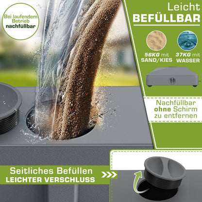 Tillvex® Support de Parasol GRAVIA avec Roues et Freins | Support de Parasol Remplissable 37 Litres / 56 kg | Adapté aux Parasols de Soleil et de Marché Ø 1,8-3,7 m | Roulable, Résistant aux Intempéries et aux UV pour Balcon, Terrasse, Jardin, Petits et G