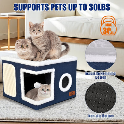Maison pour chat avec lits à 2 niveaux, tunnel de jeu, canapé pliable, griffoir et balle suspendue en peluche - Cadre en nylon durable, toile douce, conception fermée toutes saisons, cube de lit pour chat d'intérieur facile à assembler, unité de divertiss