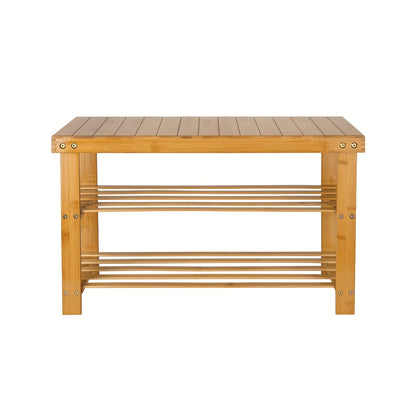 Tabouret à chaussures en bambou de 70*27*42 cm, un article ménager polyvalent et facile à utiliser avec un support de rangement à deux niveaux et un banc à chaussures, conçu de manière compacte pour une utilisation dans les salons et les balcons