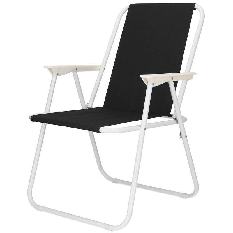 Chaise de plage pliante noire pour touristes, chaise de jardin compacte et légère avec cadre en acier anticorrosion et accoudoirs confortables, chaise de camping portable pour pique-nique, camping, balcon, pêche, forêt, vacances, extérieur, siège amélioré