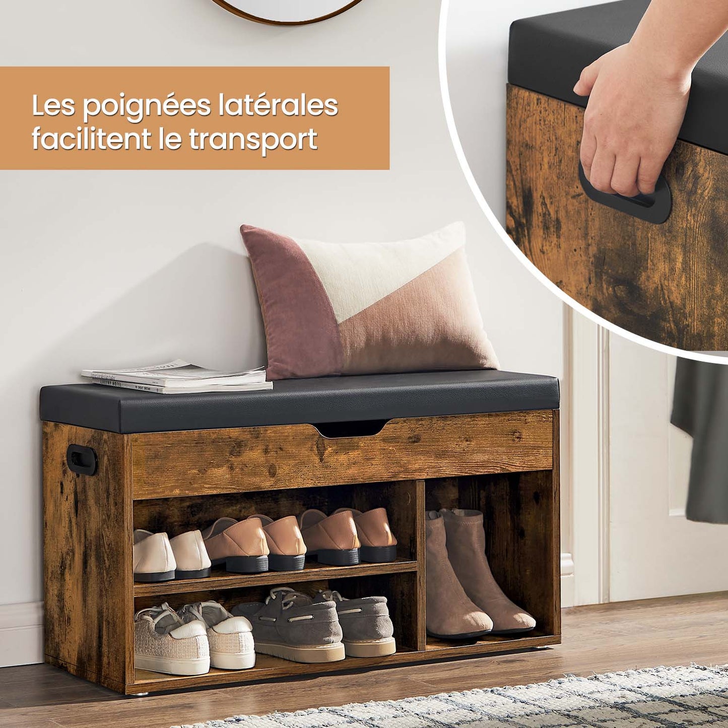 Banc à Chaussures Rembourré, 3 Compartiments, Capacité de Charge 136 kg, Rangement Caché, Étagères, pour Chambre, Salon, Entrée