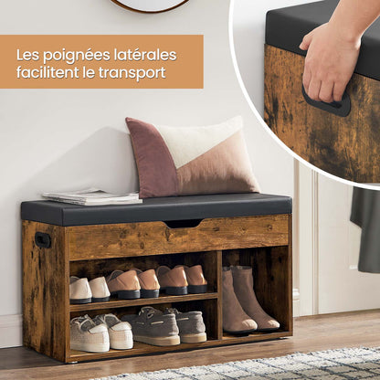 Banc à Chaussures Rembourré, 3 Compartiments, Capacité de Charge 136 kg, Rangement Caché, Étagères, pour Chambre, Salon, Entrée