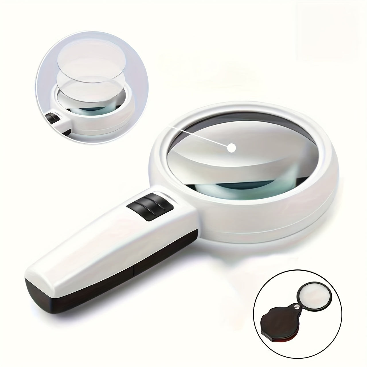 [Loupe LED Haute Définition] 10X Loupe à Main + Mini Loupe Pliante (Lot de 2 Pièces), Haute Définition et Puissance Élevée Avec LED et Lentille en Verre Double Couche, Diamètre 90/110mm, Adapté pour la Lecture des Personnes Âgées, l'Appréciation des Bijou