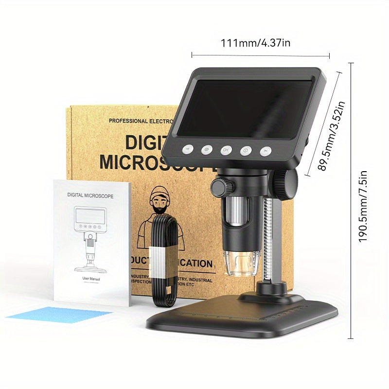 Microscope numérique 4,3 pouces avec grossissement 1600X, microscope à souder électronique, enregistrement vidéo 2MP, USB rechargeable 2000Mah, grossissement réglable, adapté aux pièces de monnaie, PCB, adultes, visualisation PC, utilisation en laboratoir