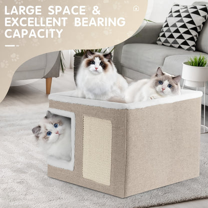Maison pour chat avec lits à 2 niveaux, tunnel de jeu, canapé pliable, griffoir et balle suspendue en peluche - Cadre en nylon durable, toile douce, conception fermée toutes saisons, cube de lit pour chat d'intérieur facile à assembler, unité de divertiss