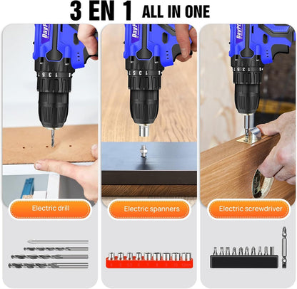 Perceuse combinée sans fil, ensemble de perceuse électrique 21V, perceuse à vis électrique avec réglage de couple 25+1, outils électriques de puissance 60Nm, perceuse électrique, 2 vitesses, lumière LED, kit de perceuse à batterie avec 31 accessoires pour