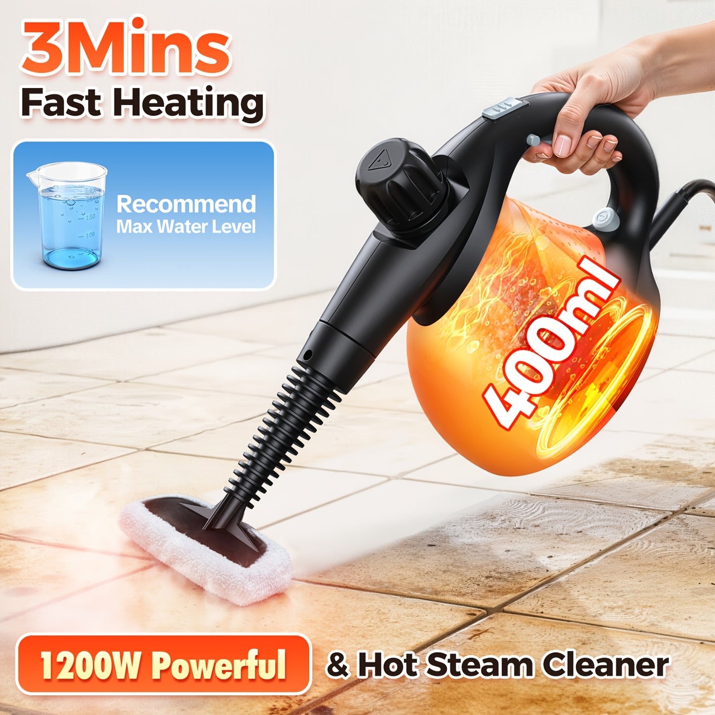 Nettoyeur Vapeur Portable Lubluelu 1200W, Nettoyeur Vapeur avec Plusieurs Accessoires et Verrou de Sécurité, Grande Capacité de 400ml, Vapeur Naturelle pour Nettoyage de Surfaces, Vapeurisateur Polyvalent pour Maison, Voiture, Salle de Bain, Graisse (Oran