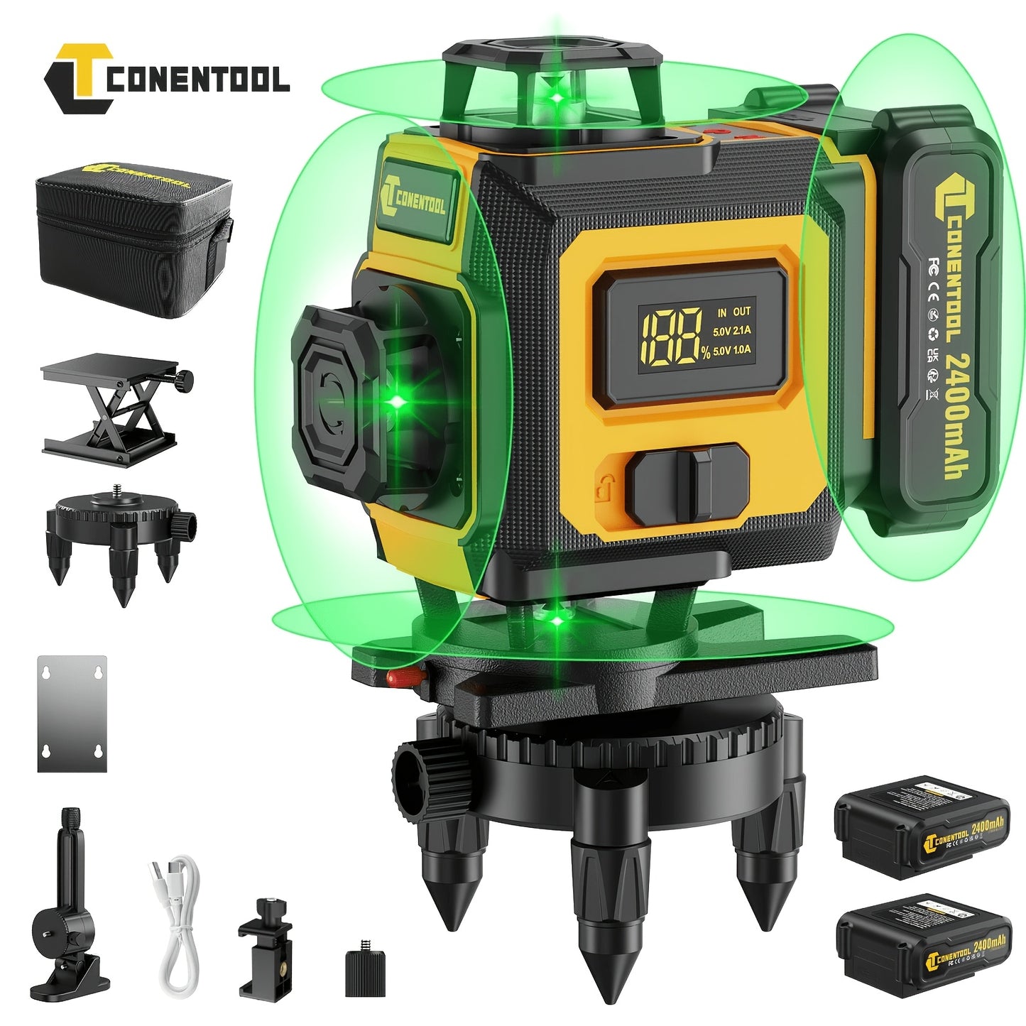Niveau laser autodresseur 4D professionnel Conentool avec ou sans trépied robuste et barre d'extension, projecteur de lignes horizontales/verticales 16 lignes, options batterie/affichage LCD, base rotative 360° adapté au bricolage et à la rénovation