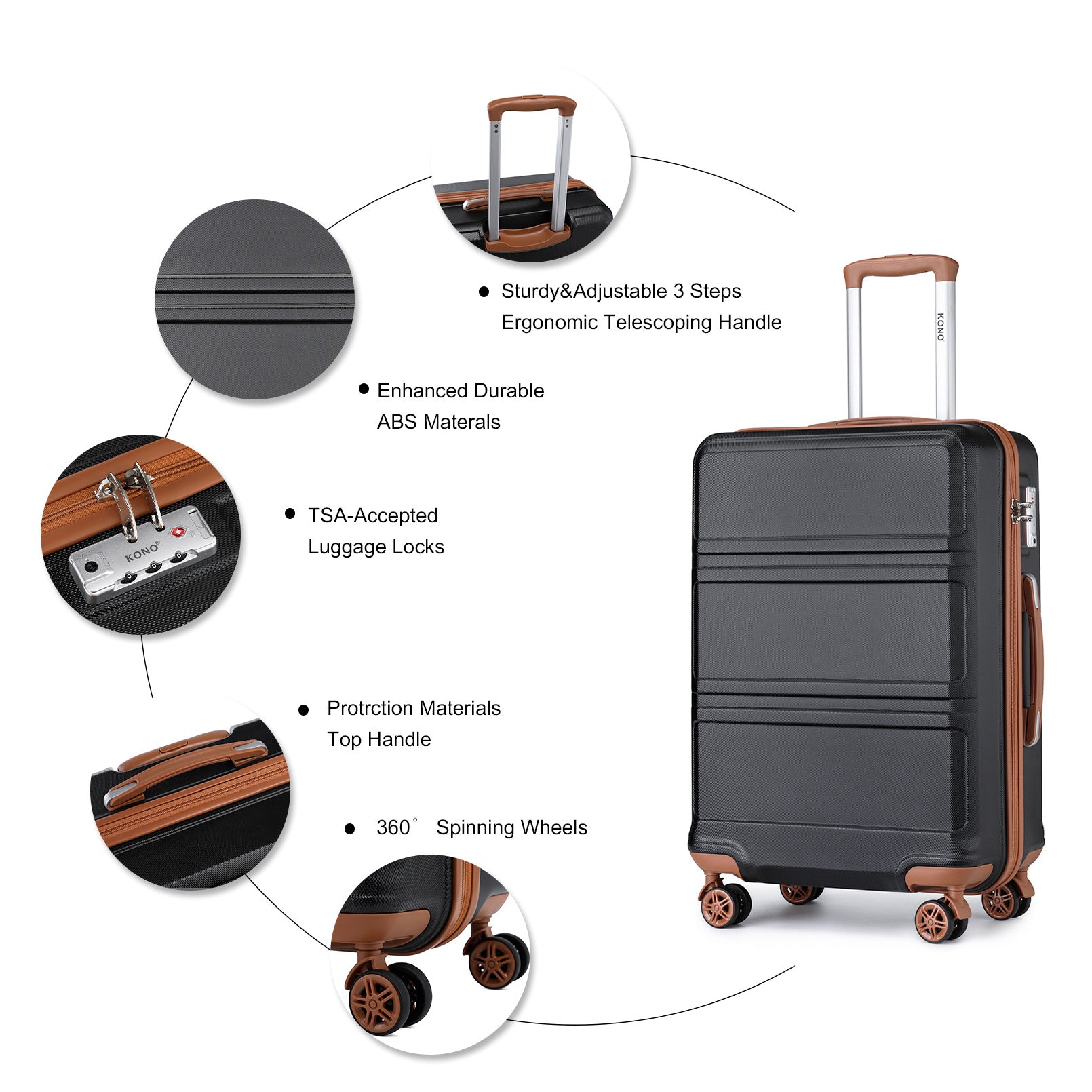 Ensemble de bagages KONO 6 pièces en coque rigide ABS, 12/20/24/28 pouces, valise robuste et durable avec roulettes, cadenas TSA, sac de voyage et trousse de toilette, ensemble de bagages de voyage complet