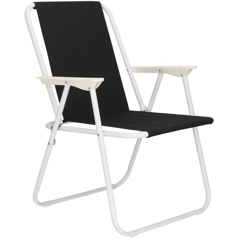 Chaise de plage pliante noire pour touristes, chaise de jardin compacte et légère avec cadre en acier anticorrosion et accoudoirs confortables, chaise de camping portable pour pique-nique, camping, balcon, pêche, forêt, vacances, extérieur, siège amélioré