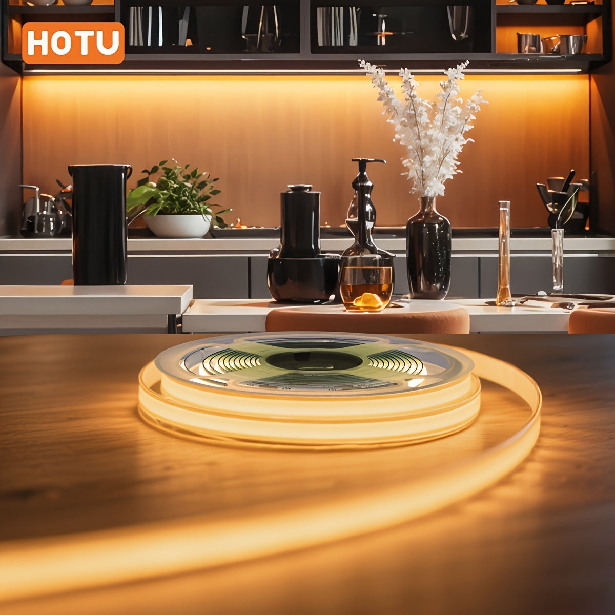 Bande Lumineuse LED COB HOTU, Alimentation USB Flexible Auto-Adhésive Découpable 400 Lampes, Conception Mètre Sans Faisceau pour Meubles Armoire, Base de Cuisine, Éclairage Ambiant Chambre Blanc Chaud, Couleur Lumière du Jour Réglable