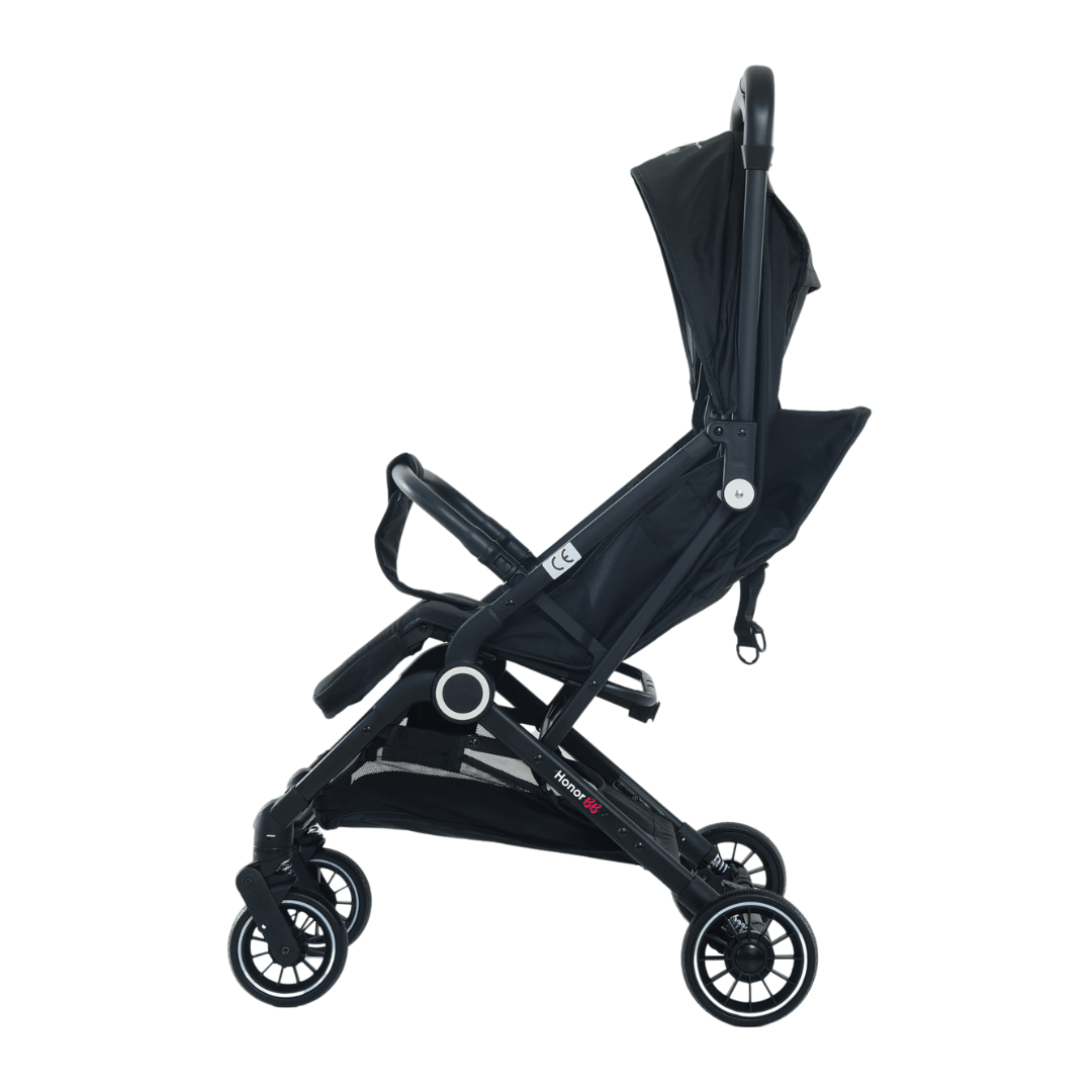 HonorBB ZOA Poussette Canne Bébé Légère et Compacte, 0-3 Ans, 0-15 kg, 3 Positions Inclinables, Pliage Automatique, Bandoulière, Moustiquaire et Protection Pluie Offerts – Essential Black
