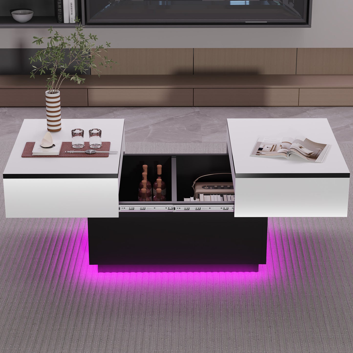 Table basse blanche, table de salon, table d'appoint avec 2 étagères de rangement, 80x58x40 cm, plateau extensible avec bande lumineuse RVB, meuble moderne pour salon, salle de conférence