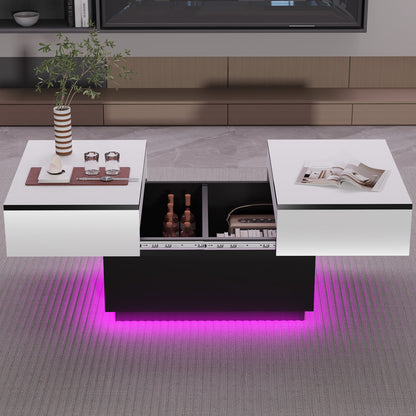 Table basse blanche, table de salon, table d'appoint avec 2 étagères de rangement, 80x58x40 cm, plateau extensible avec bande lumineuse RVB, meuble moderne pour salon, salle de conférence