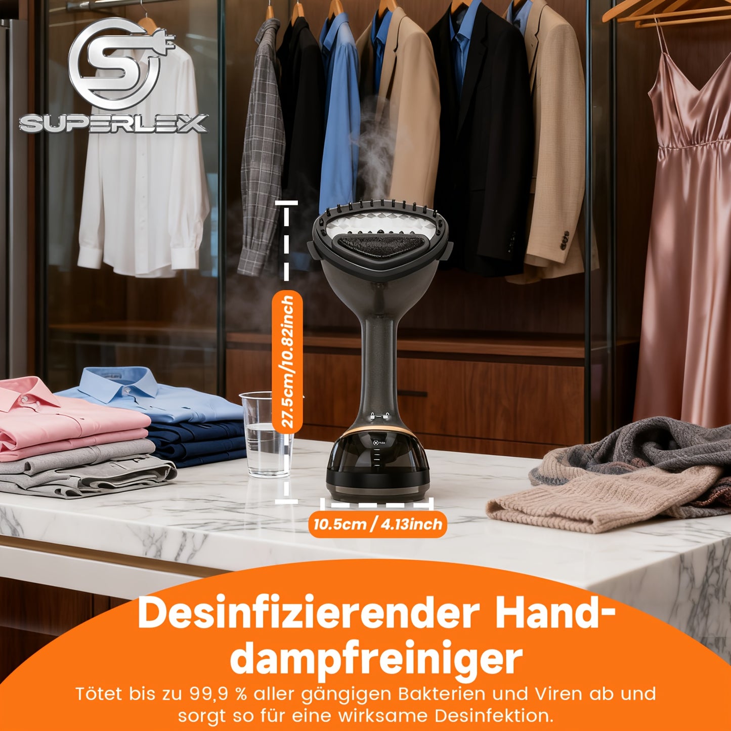 Défroisseur Vapeur Vertical Haute Puissance SUPERLEX 1700W, avec Réservoir d'Eau de 350 ml et Câble d'Alimentation de 1,9 m, Offrant un Débit de Vapeur Continu de 15 à 25 g par Minute pour Éliminer Facilement les Plis Tenaces. Convient à un Usage Domestiq
