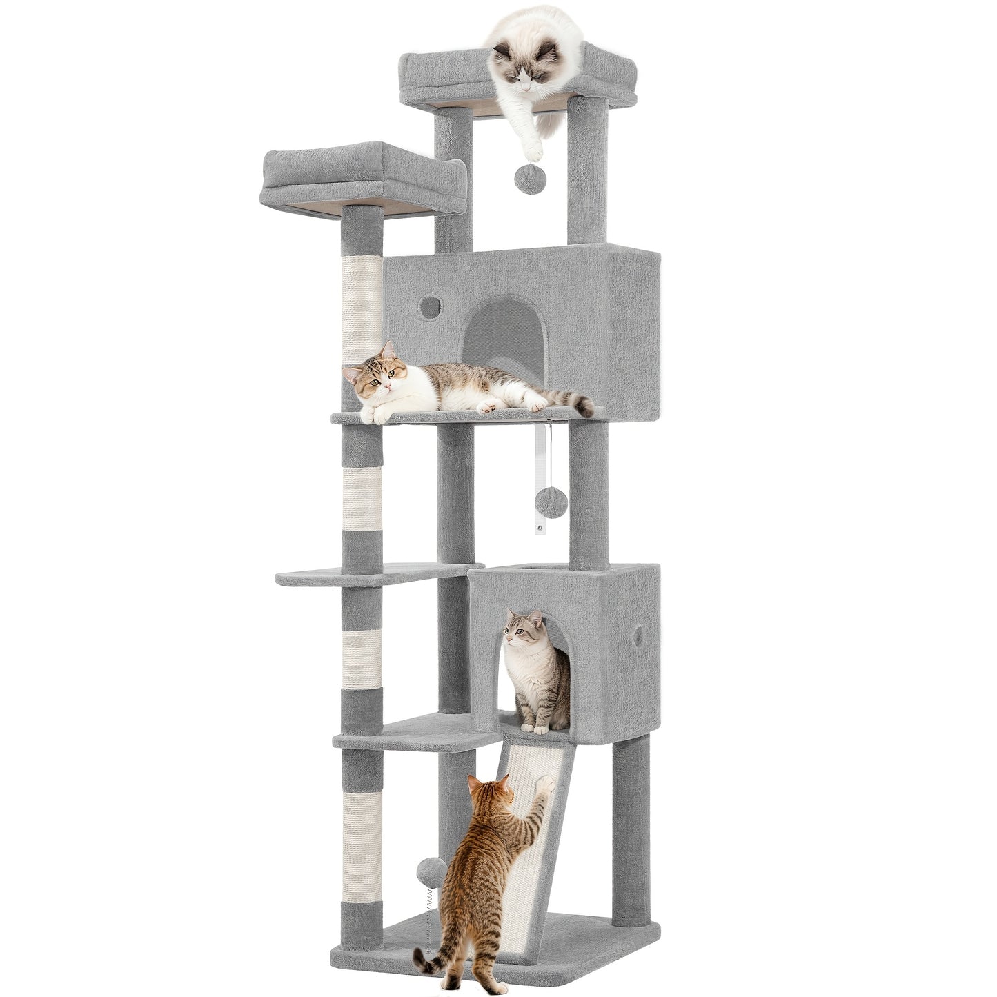 Fobyfurny Arbre à Chat Tour, Arbre à Chat 178cm pour Chats d'Intérieur, Cadre d'Escalade pour Chat Multi-Niveaux avec Griffoirs, Planche à Gratter, 2 Condos Confortables, 2 Perchoirs, Pompons, Place de Repos