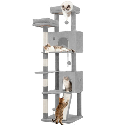 Fobyfurny Arbre à Chat Tour, Arbre à Chat 178cm pour Chats d'Intérieur, Cadre d'Escalade pour Chat Multi-Niveaux avec Griffoirs, Planche à Gratter, 2 Condos Confortables, 2 Perchoirs, Pompons, Place de Repos