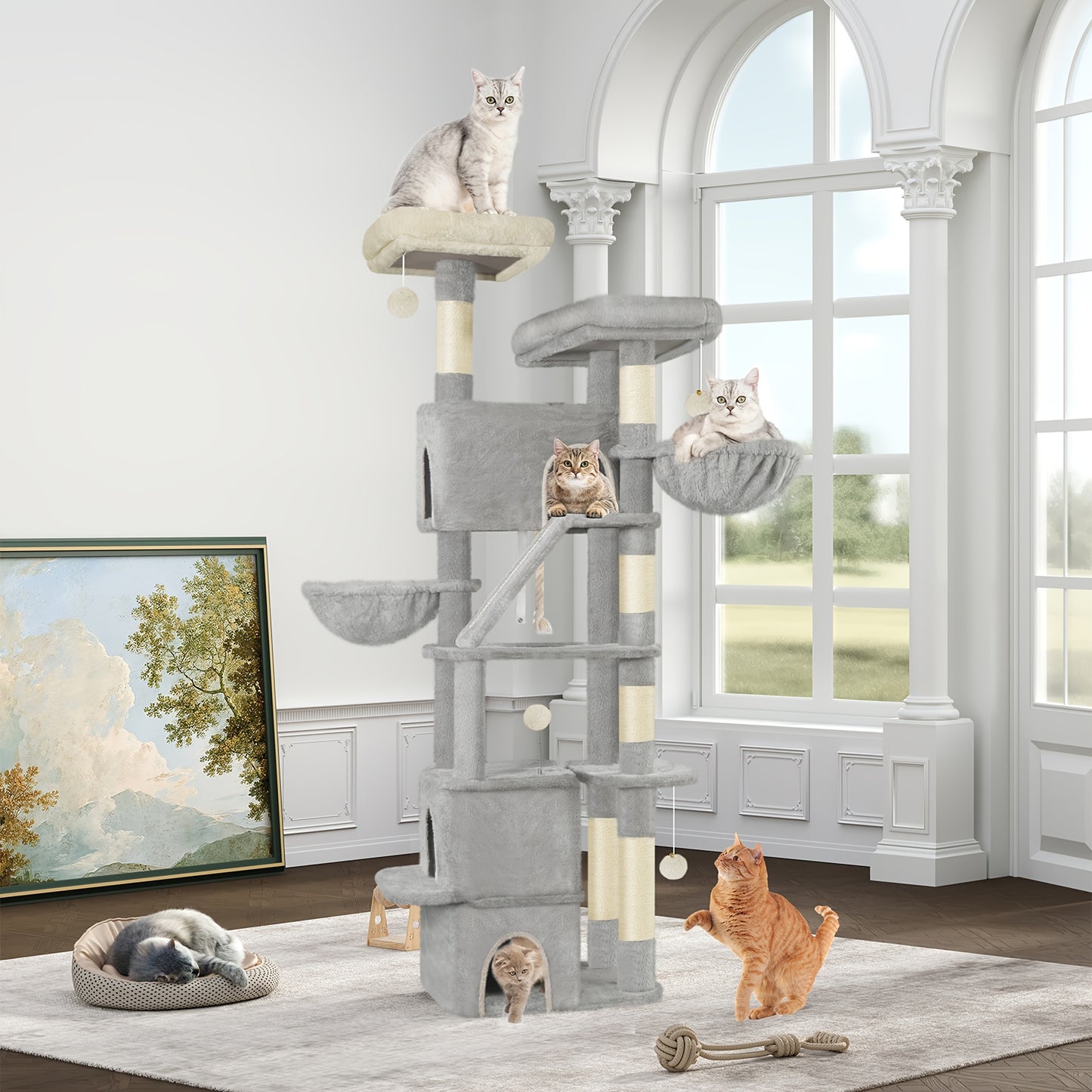 Grand Griffoir pour Chat 185 cm Stable avec 6 Poteaux à Griffer, 3 Grotto, 2 Plateformes d'Observation, 2 Paniers, 4 Balles en Peluche, Griffoir Multiniveau pour Chat