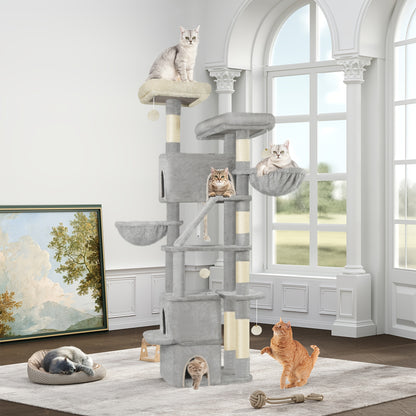 Grand Griffoir pour Chat 185 cm Stable avec 6 Poteaux à Griffer, 3 Grotto, 2 Plateformes d'Observation, 2 Paniers, 4 Balles en Peluche, Griffoir Multiniveau pour Chat