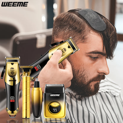 WEEME Ensemble de 4 tondeuses à cheveux électriques dorées pour hommes, outils de toilettage à domicile comprenant une tondeuse à cheveux électrique, un rasoir, un tondeuse à poils de nez et un tondeuse de précision, parfait pour la maison, la voiture ou