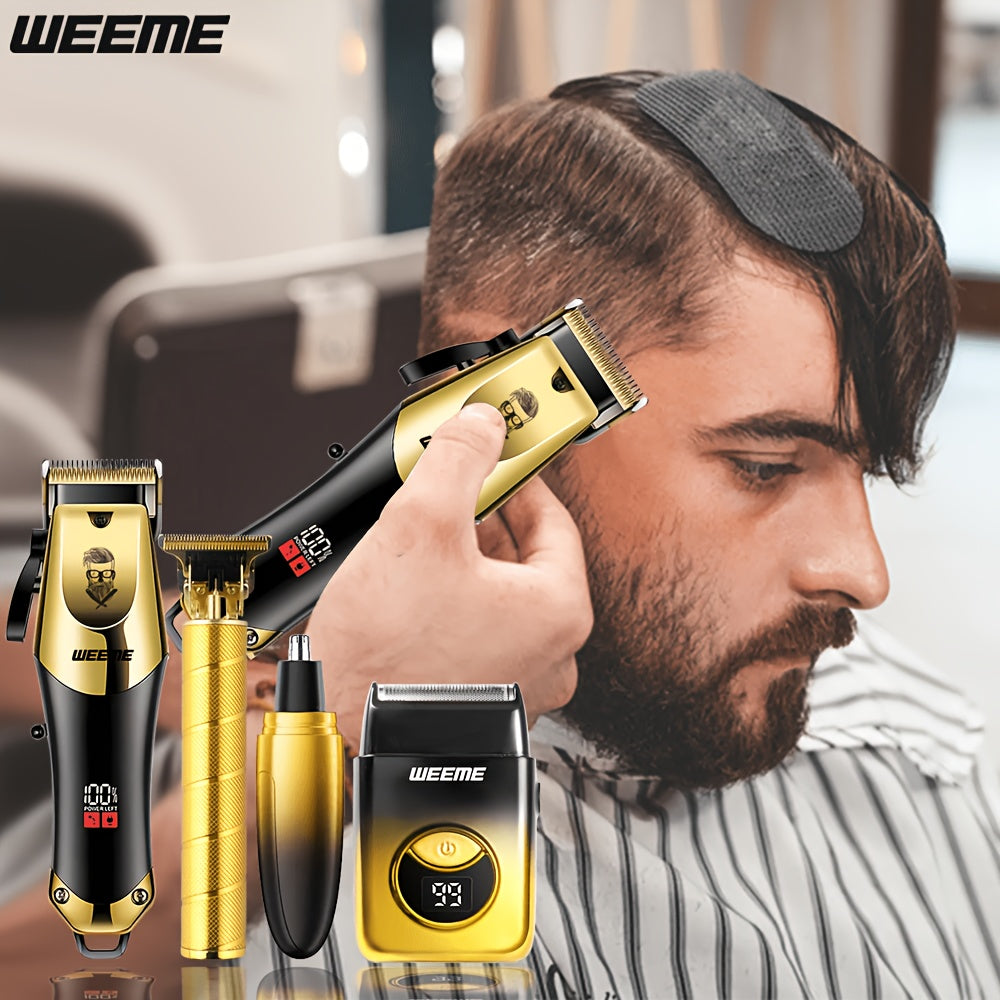WEEME Kit de Tondeuse à Cheveux 4 pièces pour Hommes, Tondeuse à Cheveux Électrique Sans Fil, Tondeuse à Barbe en Forme de T & Tondeuse à Poils de Nez, Rasoir Électrique, Kit de Coiffure et de Beauté Professionnel pour l'Entretien des Hommes, Usage à Domi