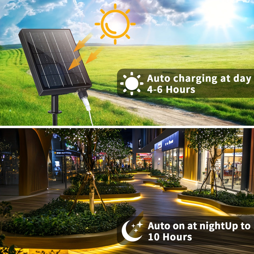 Lumière solaire extérieure blanc chaud avec lumière de jardin 53.34 mètres 620 LED, perles de lampe à haute luminosité 2400 MA, télécommande, 8 modes d'éclairage, rechargeable par USB, convient pour cour, porche, arbres, patio, décoration de vacances