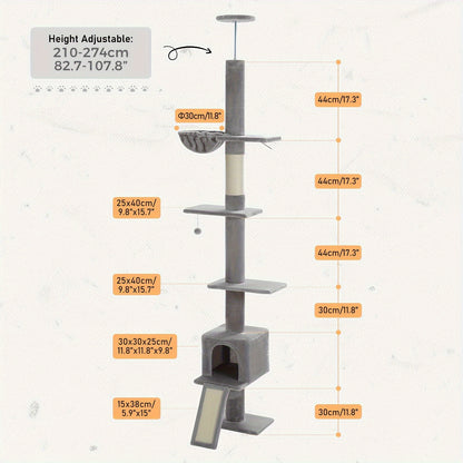 PAWZ Road Arbre à Chat du Sol au Plafond à Hauteur Réglable de 216 cm à 273 cm, Tours pour Chats avec Espace d'Activité Spacieux, Hamac et Cabane pour Chat, Ceinture -Chute, 5 Niveaux