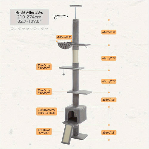PAWZ Road Arbre à Chat du Sol au Plafond à Hauteur Réglable de 216 cm à 273 cm, Tours pour Chats avec Espace d'Activité Spacieux, Hamac et Cabane pour Chat, Ceinture -Chute, 5 Niveaux