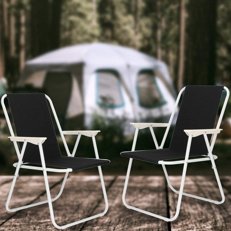 Chaise de plage pliante noire pour touristes, chaise de jardin compacte et légère avec cadre en acier anticorrosion et accoudoirs confortables, chaise de camping portable pour pique-nique, camping, balcon, pêche, forêt, vacances, extérieur, siège amélioré