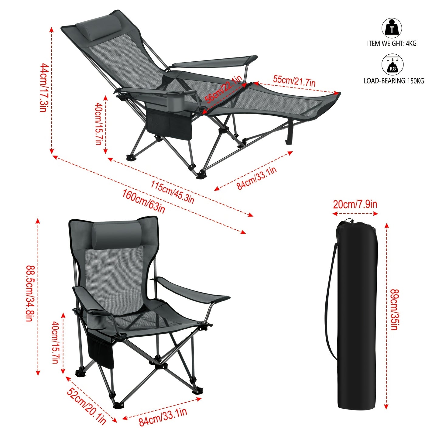 1pc Chaise de camping pliable et portable, chaise de pêche d'extérieur légère, dossier à grille pour la ventilation, repose-pieds amovible, dossier réglable, grille latérale pour ranger les gobelets d'eau, matériau en tissu Oxford, tube métallique épais d