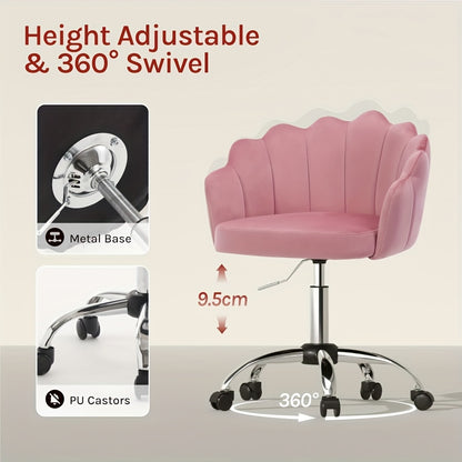 1pc Chaise de Bureau Maison, Chaise de Bureau, Chaise de Cosmétique, Chaise en Velours avec Dossier en Forme de Pétale - Confortable et Belle, Chaise Pivotante avec Roulettes, Hauteur de Chaise Réglable, Base en Métal, Facile à Assembler