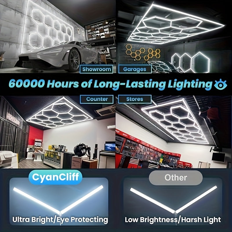Hexagone Ultra Lumineux pour Lampes de Garage. Plafonnier LED Hexagonal 6500K. Système d'éclairage LED Hexagonal en Nid d'Abeille pour Garage, Atelier de Détail Automobile, Sous-Sol, Entrepôt, Bureau, Salon, Magasin de Pièces Automobiles. Lumières Décorat