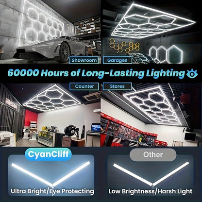 Hexagone Ultra Lumineux pour Lampes de Garage. Plafonnier LED Hexagonal 6500K. Système d'éclairage LED Hexagonal en Nid d'Abeille pour Garage, Atelier de Détail Automobile, Sous-Sol, Entrepôt, Bureau, Salon, Magasin de Pièces Automobiles. Lumières Décorat