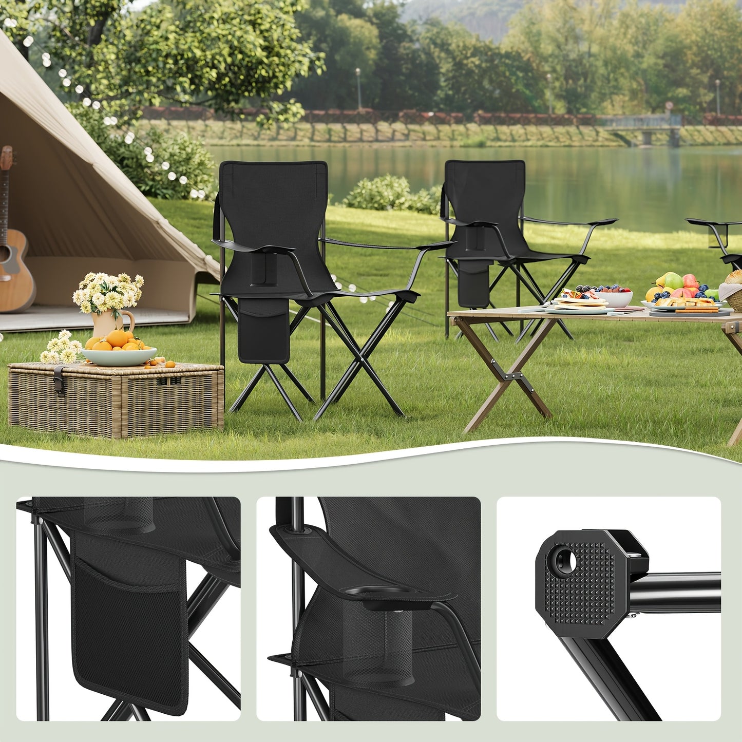 Lot de 2 chaises de pêche pliantes et portables/ chaises de camping/ chaises d'extérieur/ chaises de camping légères. Poids propre 2 kg. Équipées d'un porte-gobelet et d'un rangement à grille latérale. Conception antidérapante. Livrées avec un sac de rang