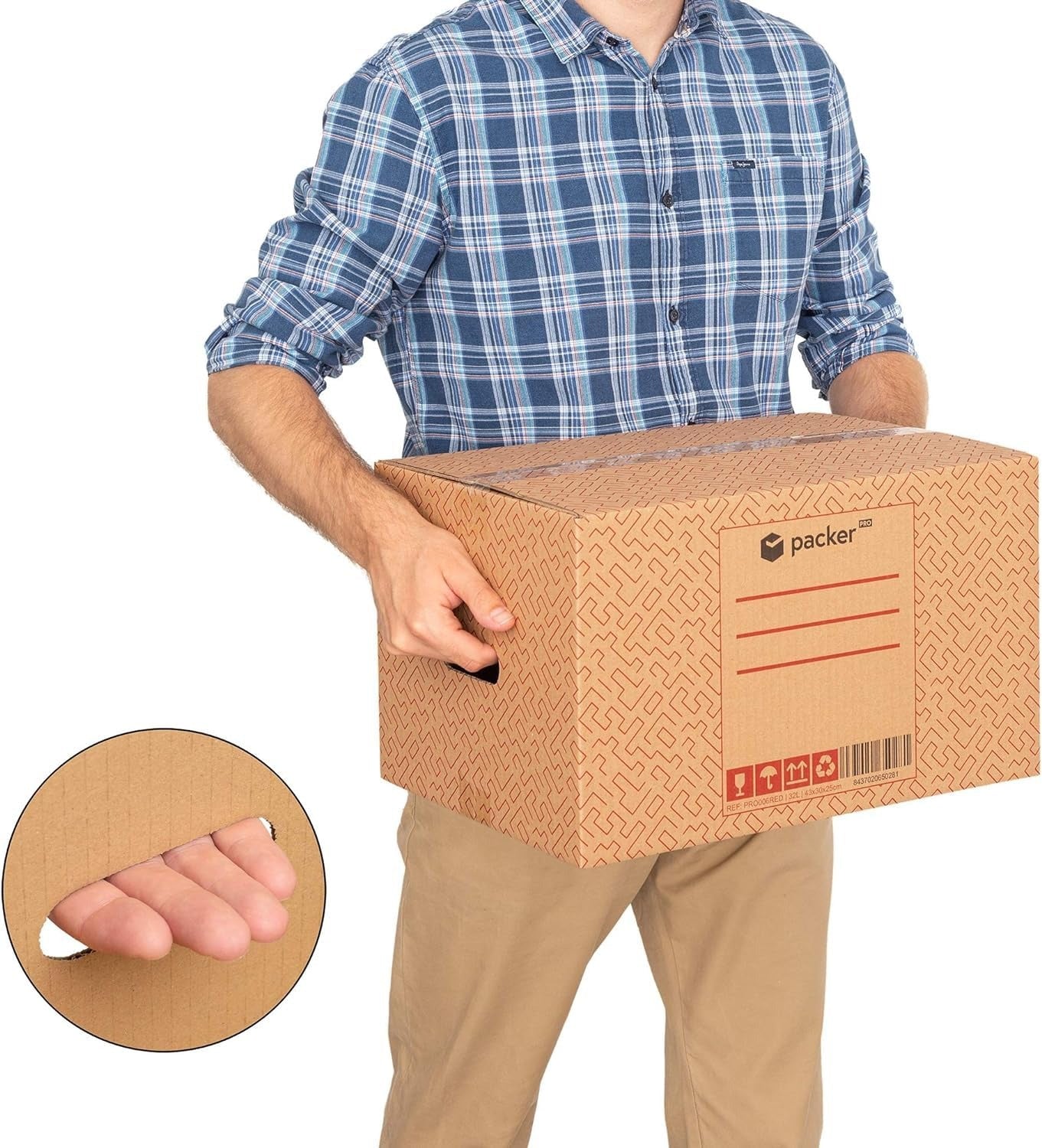 Boîte en carton ultra-résistante pour déménagement et stockage avec poignées, fabriquée en carton rigide, idéale pour le déménagement ou le stockage de livres et de vêtements, transport confortable et sûr grâce aux poignées latérales - Packer PRO