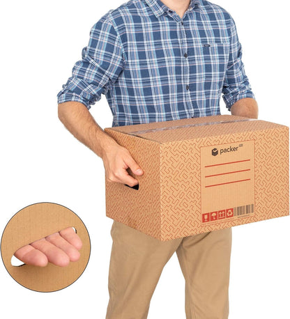 Boîte en carton ultra-résistante pour déménagement et stockage avec poignées, fabriquée en carton rigide, idéale pour le déménagement ou le stockage de livres et de vêtements, transport confortable et sûr grâce aux poignées latérales - Packer PRO