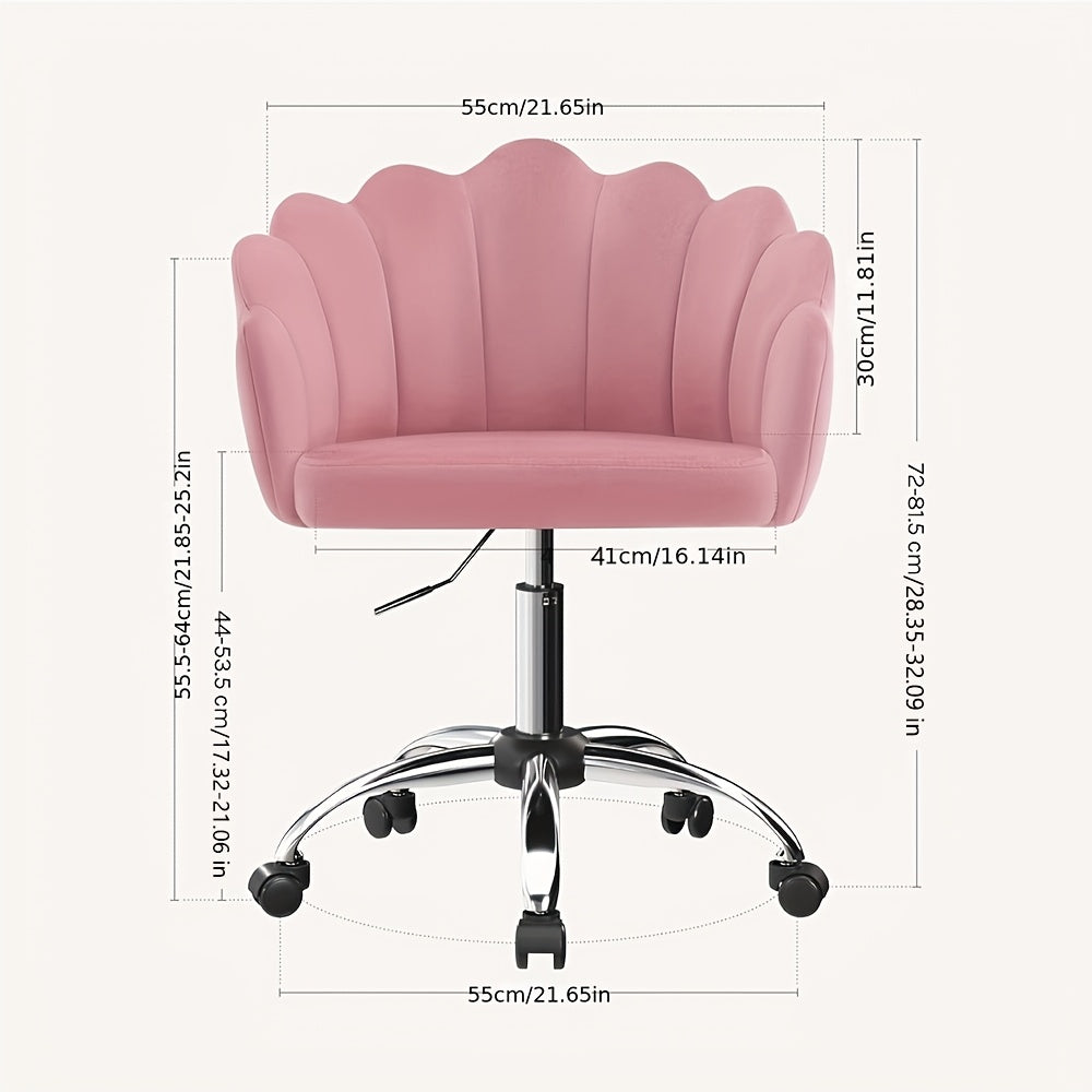 1pc Chaise de Bureau Maison, Chaise de Bureau, Chaise de Cosmétique, Chaise en Velours avec Dossier en Forme de Pétale - Confortable et Belle, Chaise Pivotante avec Roulettes, Hauteur de Chaise Réglable, Base en Métal, Facile à Assembler