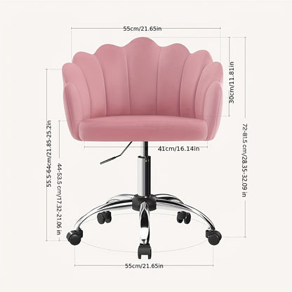 1pc Chaise de Bureau Maison, Chaise de Bureau, Chaise de Cosmétique, Chaise en Velours avec Dossier en Forme de Pétale - Confortable et Belle, Chaise Pivotante avec Roulettes, Hauteur de Chaise Réglable, Base en Métal, Facile à Assembler