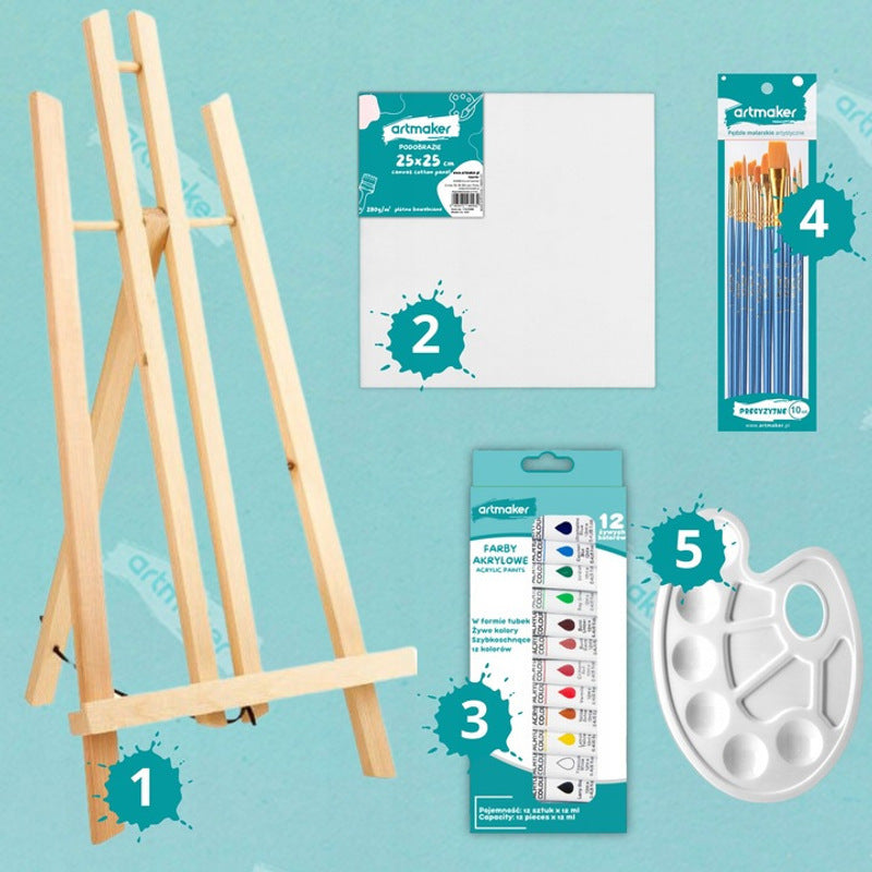 Kit Complet de Peinture Artmaker pour Enfants avec Chevalet en Bois 50 CM, Toile de Peinture 25x25 CM, 12 Peintures Acryliques 12 ML, 10 Pinceaux et Palette – Cadeau Idéal pour Apprendre à Peindre pour Garçons et Filles – Ensemble Artistique Créatif pour