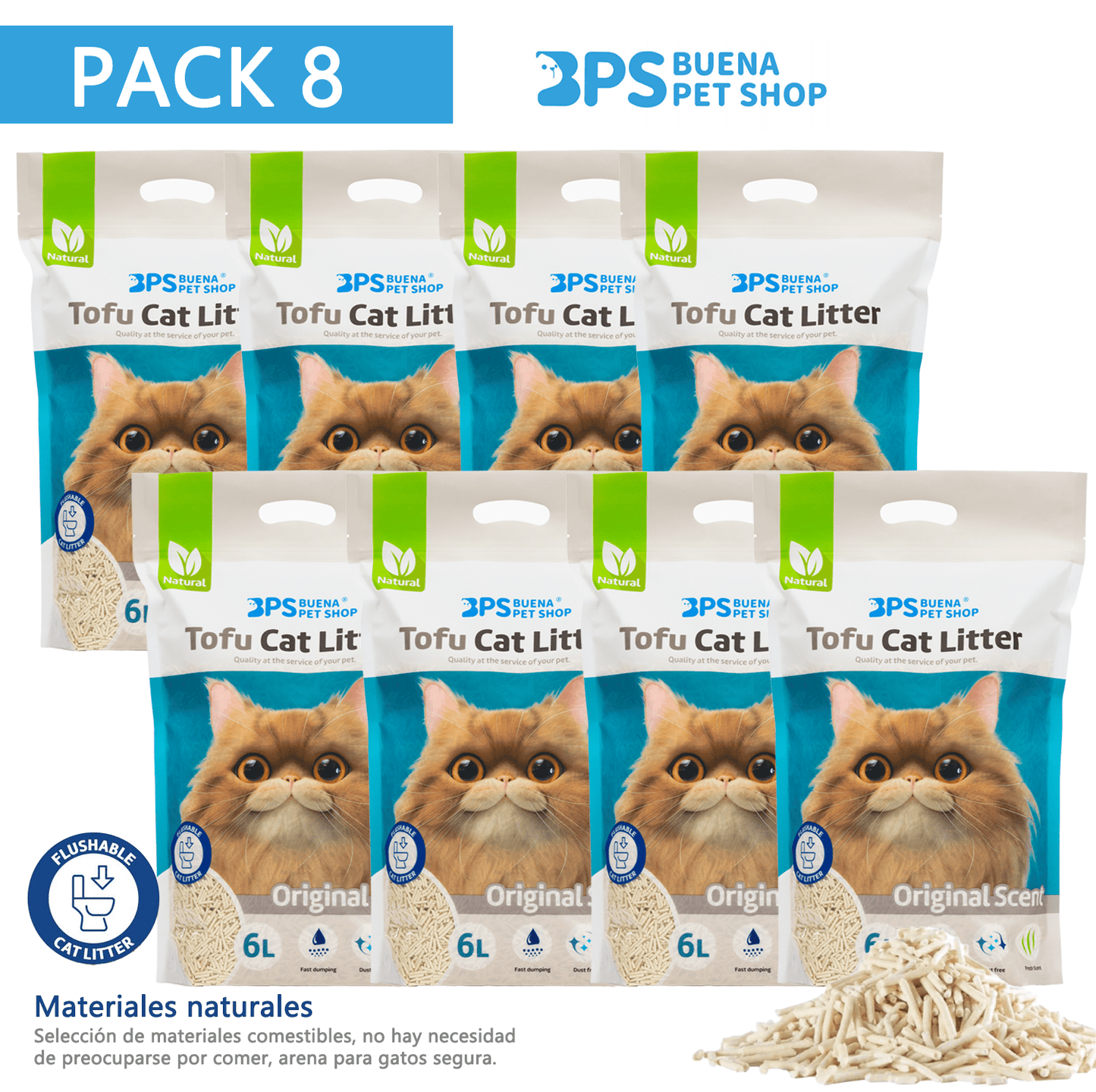 BPS Litière pour Chat Tofu Arena 6L - Sans Poussière, Facile à Agglomérer et Contrôle des Odeurs - et Sûre pour les Chaton - Lot de 8 Sacs