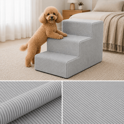 Escalier pour chiens et chats – 3 marches, velours côtelé doux, dessous antidérapant, housse amovible, rampe, plateforme