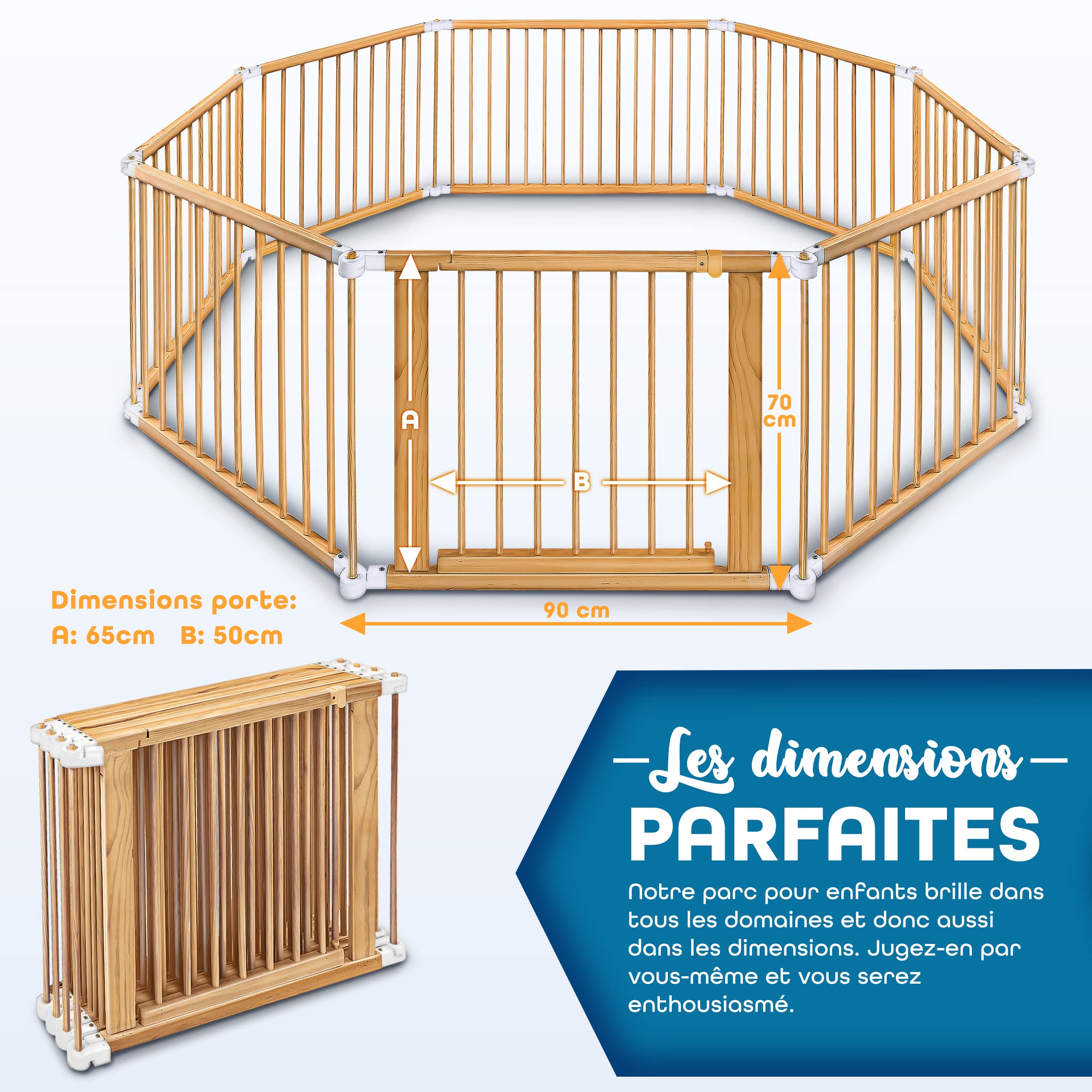 KIDUKU® Parc bébé pliable XXL de 7,2 mètres avec porte | Parc en bois avec double sécurité | Parc pliable pour enfants avec 8 éléments