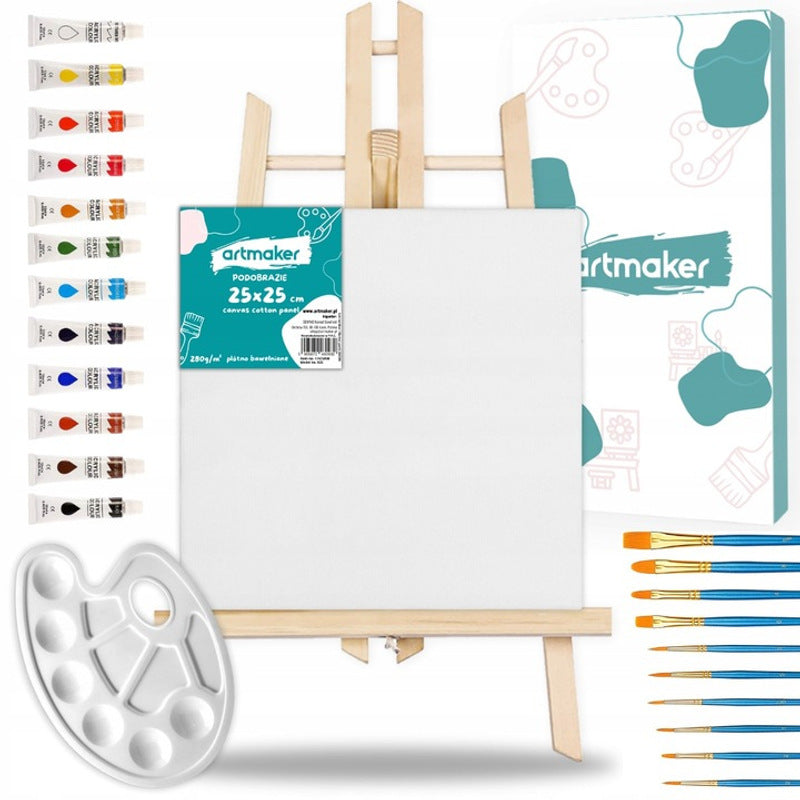 Kit Complet de Peinture Artmaker pour Enfants avec Chevalet en Bois 50 CM, Toile de Peinture 25x25 CM, 12 Peintures Acryliques 12 ML, 10 Pinceaux et Palette – Cadeau Idéal pour Apprendre à Peindre pour Garçons et Filles – Ensemble Artistique Créatif pour