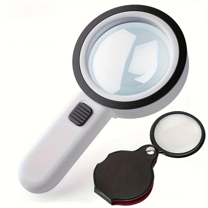 [Loupe LED Haute Définition] 10X Loupe à Main + Mini Loupe Pliante (Lot de 2 Pièces), Haute Définition et Puissance Élevée Avec LED et Lentille en Verre Double Couche, Diamètre 90/110mm, Adapté pour la Lecture des Personnes Âgées, l'Appréciation des Bijou