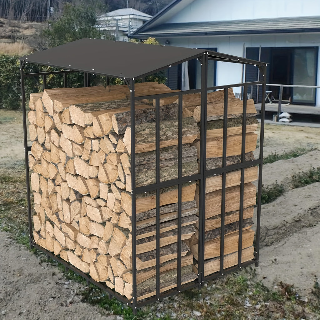 Rangement de Bois de Chauffage Extérieur avec Couvercle Supérieur - Support en Acier Tubulaire Résistant à la Rouille, Porte-Bois pour Terrasse, Patio, Jardin - Abri à Bois Robuste (61,6”x23,6”x66,3”) pour Cheminée, Poêle à Bois, Feu de Camp