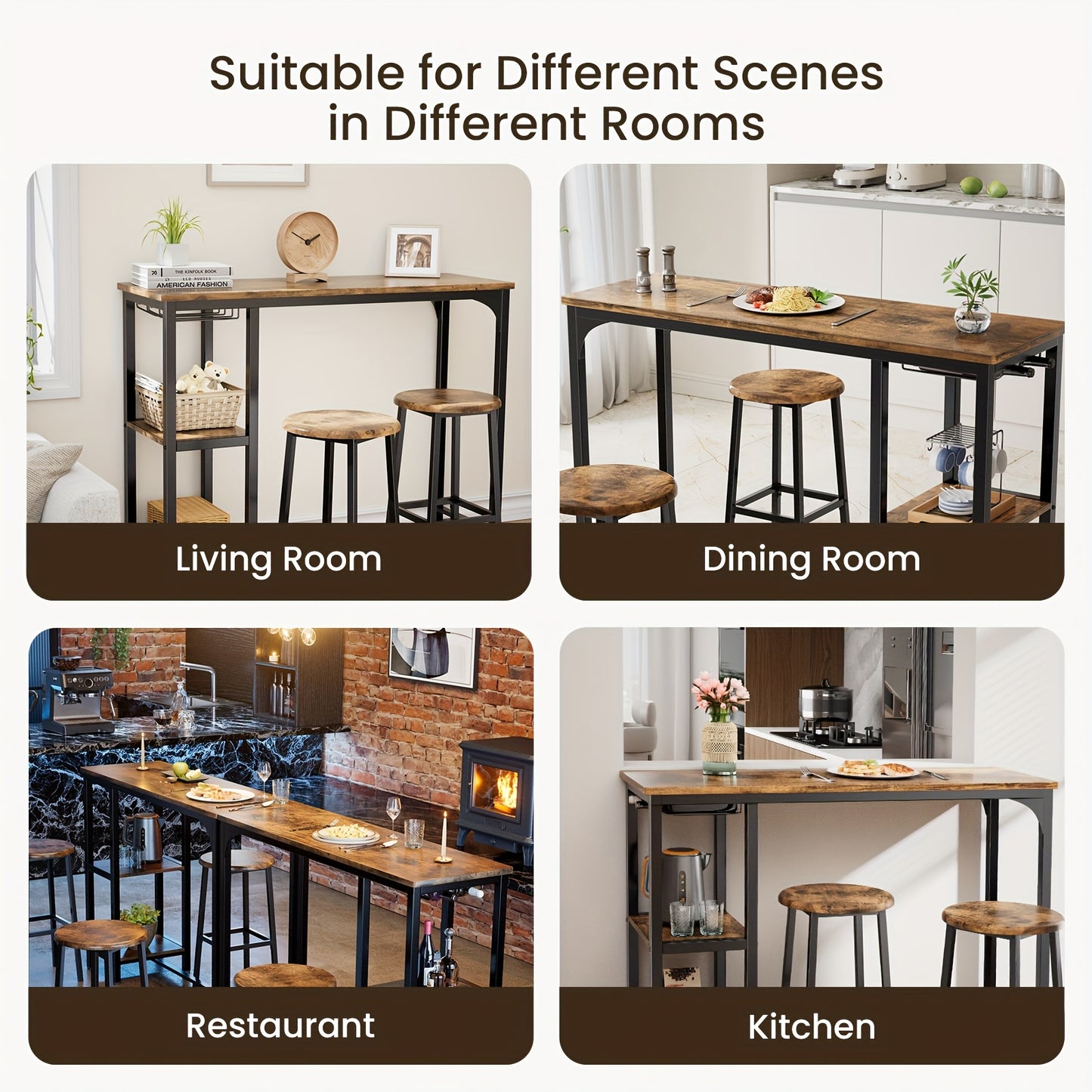 Ensemble de table et de chaises de bar 3 pièces, ensemble de table de bar moderne en fonte noire avec 2 tabourets, ensemble de table industrielle et de tabouret de bar, plateau en bois, table de pub rectangulaire avec étagères et porte-verres, pour cuisin