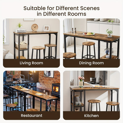 Ensemble de table et de chaises de bar 3 pièces, ensemble de table de bar moderne en fonte noire avec 2 tabourets, ensemble de table industrielle et de tabouret de bar, plateau en bois, table de pub rectangulaire avec étagères et porte-verres, pour cuisin
