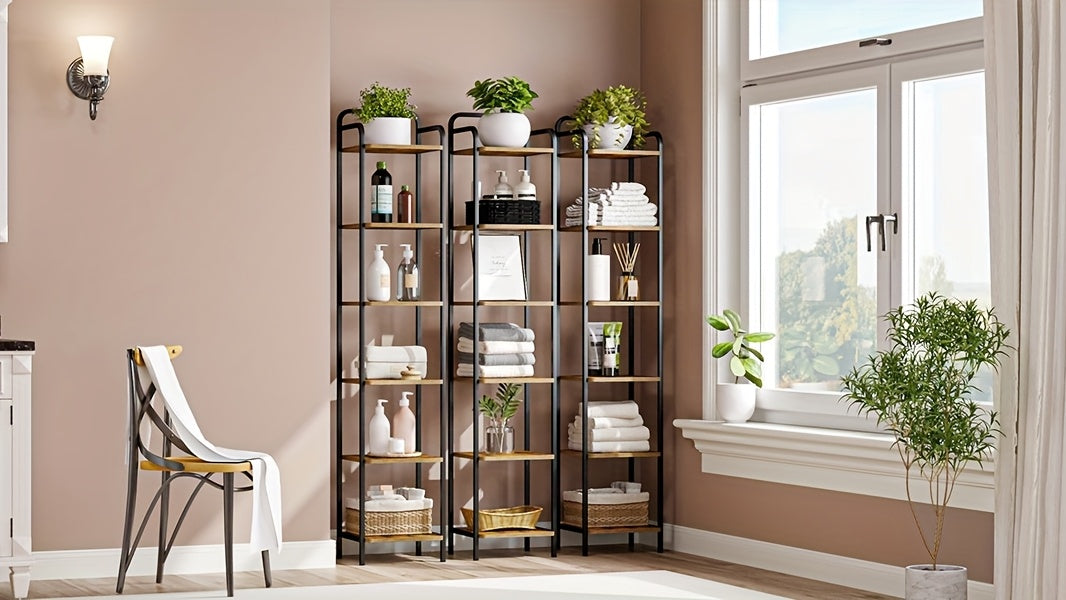 Étagère, Bibliothèque, Étagère Debout, Bibliothèque Étroite, Étagère d'Angle Industrielle, Étagère Mince pour Bureau à Domicile, Salon, Chambre, Cuisine, 6 Niveaux Vintage Marron-Noir