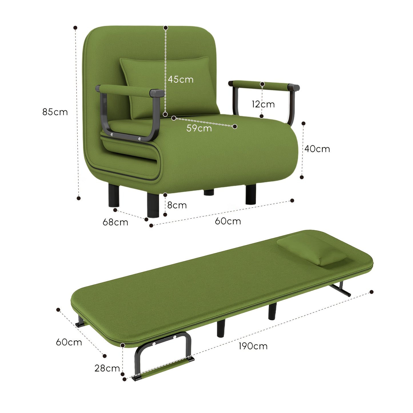 Canapé-lit convertible pliant 5-en-1, fauteuil de détente gigogne réglable peu encombrant avec tissu en lin, fauteuil moderne pour dortoir, studio et coin douillet, noir/fauve/vert olive/jaune citron